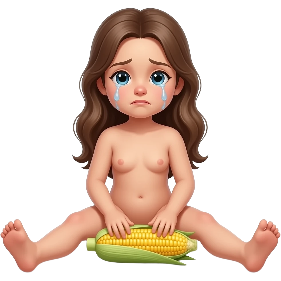 Full body, small little nude girl, flat chest, crying thin hips and ass, thin pussy, middle age 30 long hair long legs, sitting legs spread  playing with corn realistic emoji