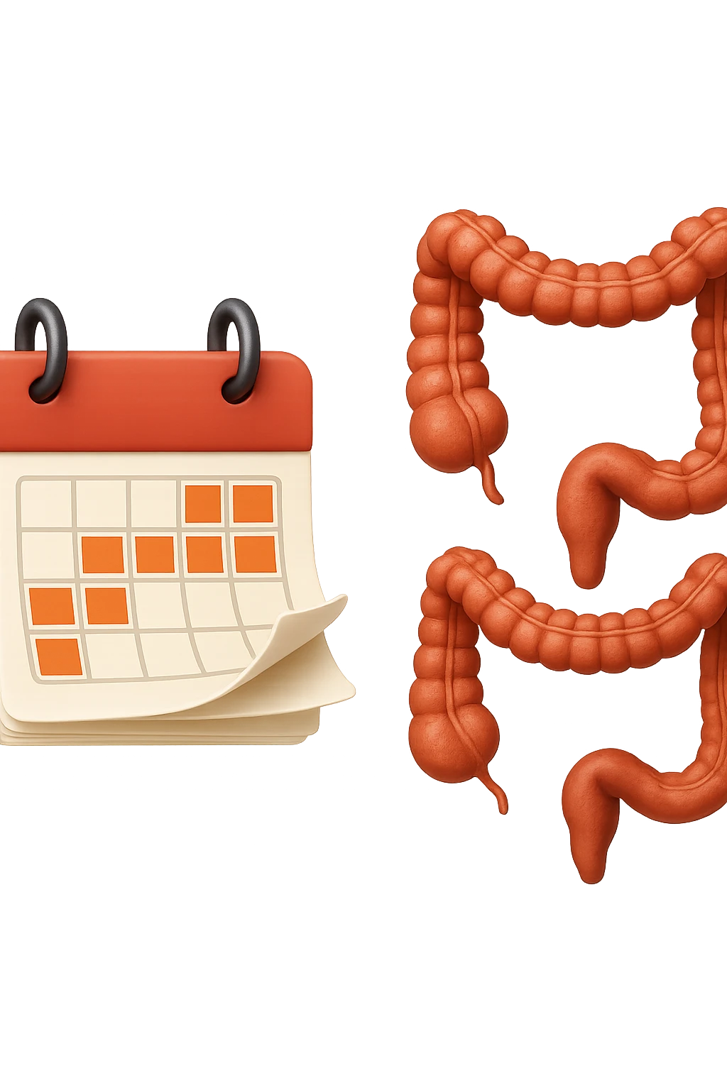 emoji stile iphone di un calendario con fogli che volano insieme a pezzi anatomici di colon umano, iperrealistico 4k, isolato su sfondo bianco emoji