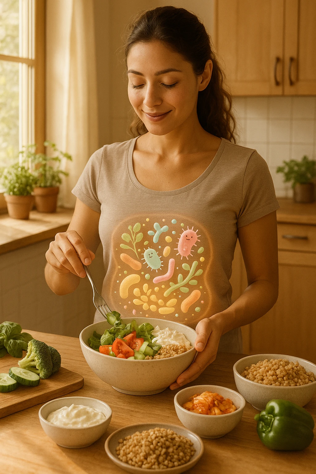 A realistic, warm-toned image of a young woman in a bright, cozy kitchen preparing a healthy meal rich in fiber and probiotics. She smiles softly, focused and calm, as she adds fresh vegetables, fermented foods like yogurt or kimchi, and whole grains to a bowl. Around her abdomen, a subtle, glowing overlay of balanced gut flora—colorful, friendly bacteria and microbes—swirls gently, symbolizing intestinal health and harmony. The setting is natural and inviting, with sunlight streaming through the window, potted herbs on the counter, and clean wooden surfaces. The overall mood conveys wellness, self-care, and the positive journey toward gut balance emoji