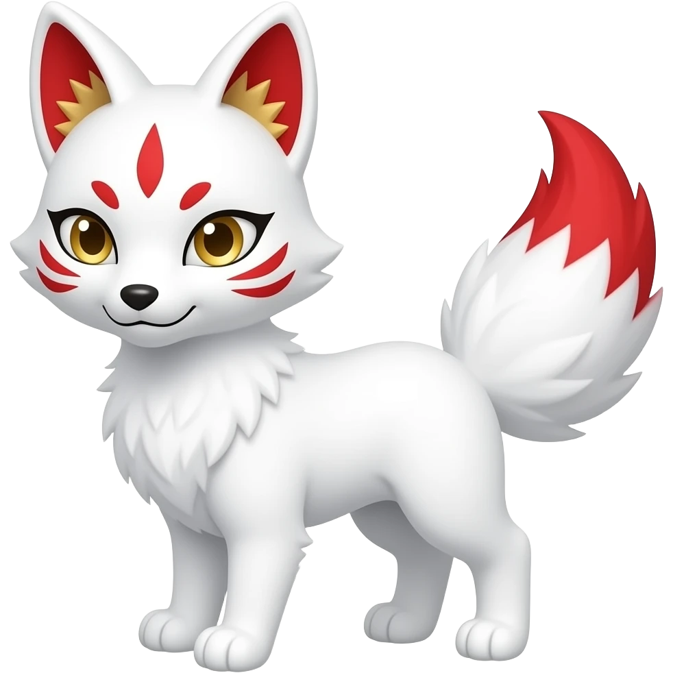 A pure white one-tailed kitsune (fox form,) with red accents, (one marking on each of its cheek, two markings each across its eyes and a single one on its forehead,) red on the insides of its ears, with gold markings inside of its ears,) and pale golden eyes. Pure white paws and a red tail tip. emoji