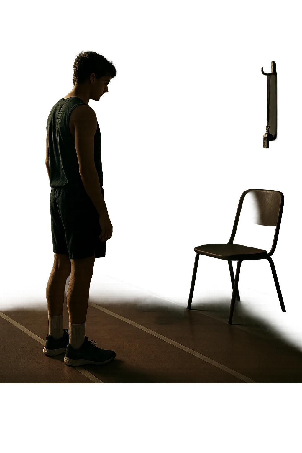 cinematic a person stands alone on a running track or in a fitness studio, glancing toward an empty coach’s chair or whistle hanging on a hook. The absence of the coach is emphasized by a faint, transparent silhouette or shadow where the coach should be. The atmosphere is quiet and a bit disheartened. emoji