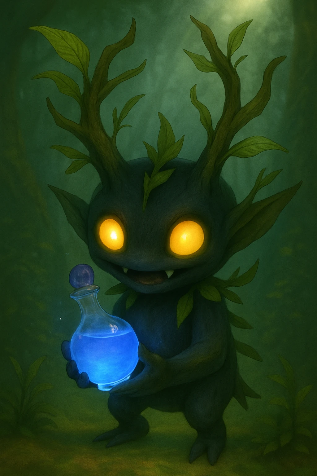 Change the liquid in the fantasia bottle to a vibrant blue, keeping the semi-realistic, magical style and all other details the same. emoji