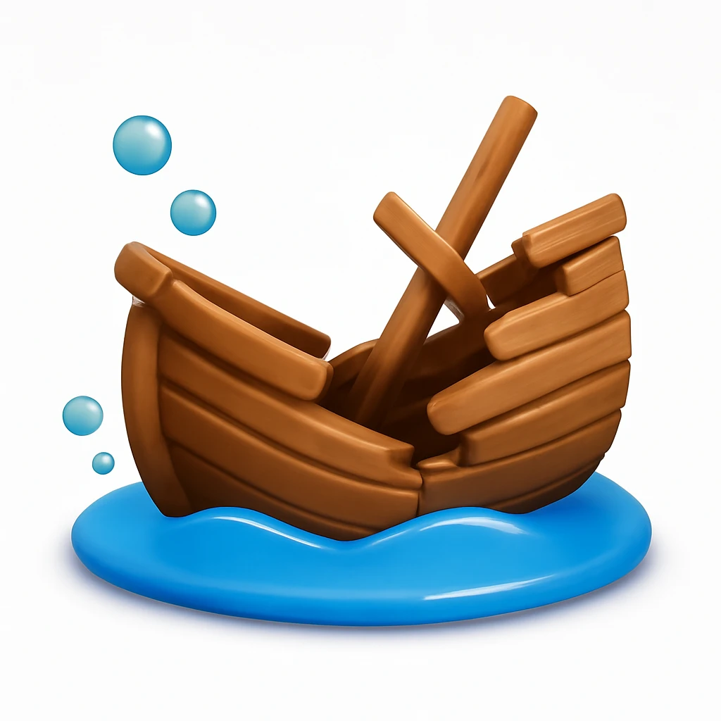 3D iPhone style emoji of a sunken ship, partly underwater, tilted and broken wooden structure, subtle bubbles around, isolated on white background, soft shadows, high detail, playful and cute. emoji