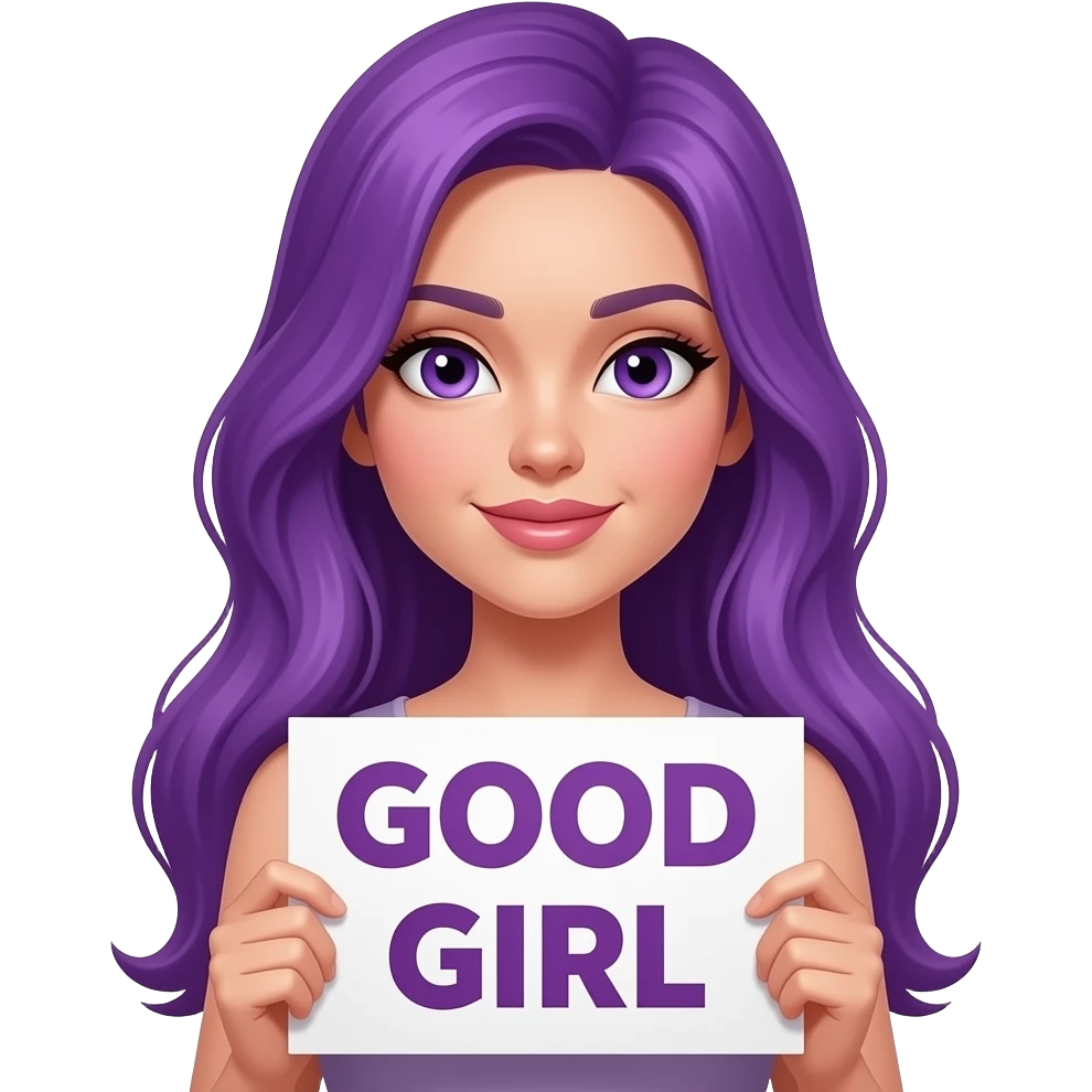 sexy girl with long purple hair and purple eyes holding a GOOD GIRL sign emoji