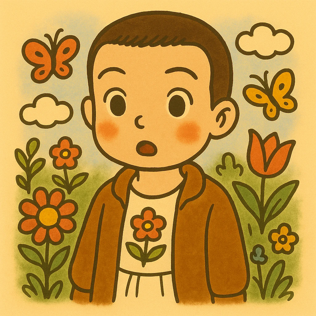 Variation of Eleven from Stranger Things, from the waist up, surprised expression, inspired by coloring drawings of Bobbie Goods and Cuzy, in Ghibli style, square format 1:1. emoji