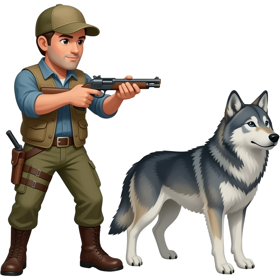 un cazador de pie con una pistola matando a un lobo que tambie esta de pie emoji