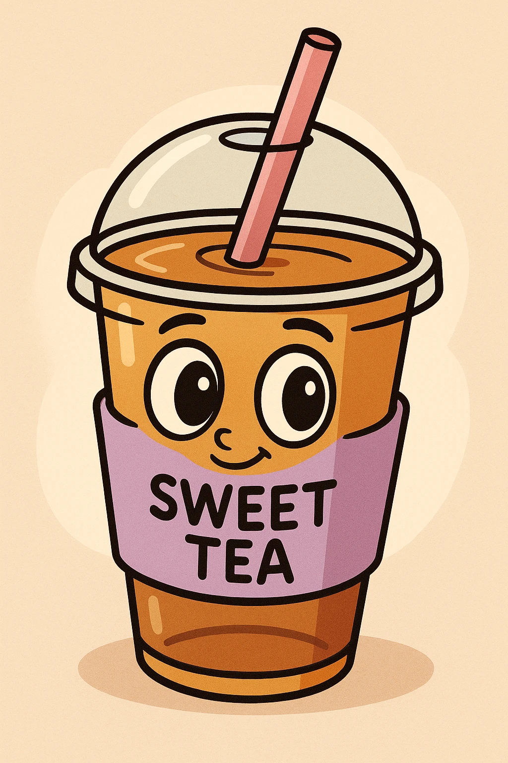 sweet tea cup with a lavender colored sleeve and a pink straw, cartoon style, big eyes emoji