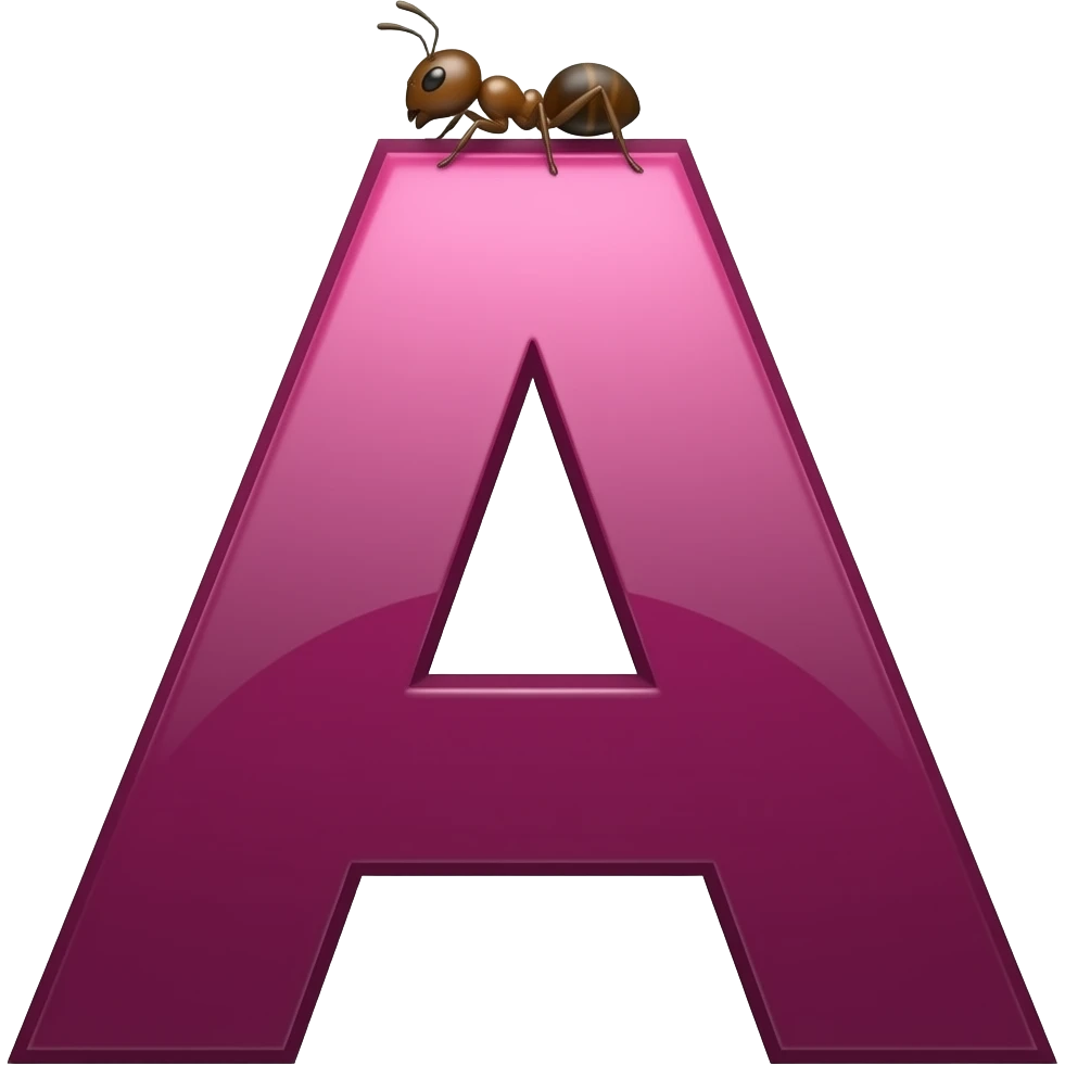 letter Capital A in dark pink colour, an small  ant on top of it emoji