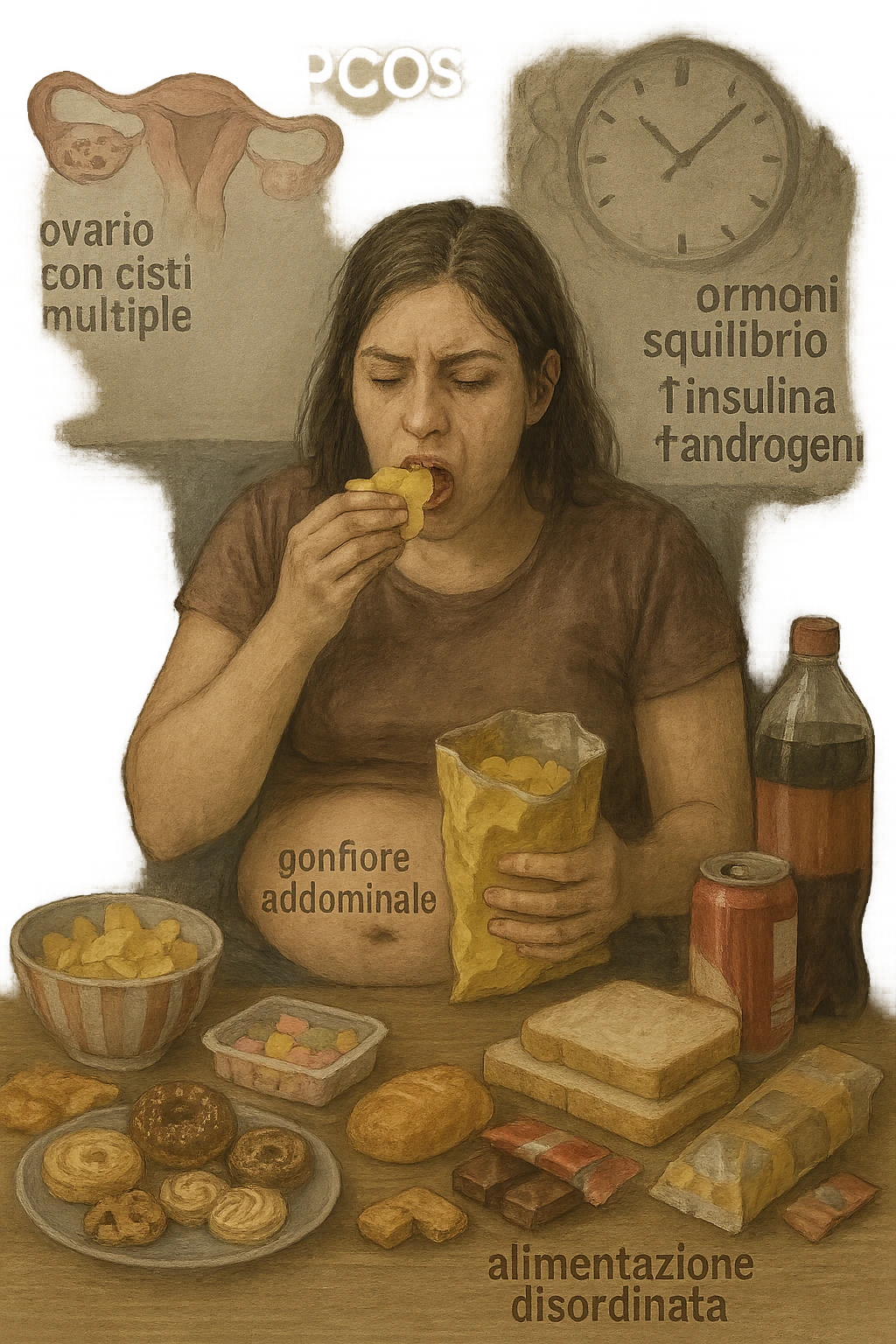 Donna tra i 25 e i 35 anni seduta sul divano o a un tavolo disordinato, circondata da cibi sparsi e poco sani: patatine, dolci, pane bianco, snack confezionati, bibite. Mangiando di fretta, ha un’espressione stanca e frustrata. Intorno a lei, in trasparenza o come illustrazione simbolica, si vedono gli effetti della PCOS peggiorata: ovaie con cisti multiple, squilibrio ormonale (↑ insulina, ↑ androgeni), gonfiore addominale. Sullo sfondo, orologio che corre o caos visivo che comunica disorganizzazione alimentare. Colori spenti e atmosfera stanca. Stile realistico con elementi simbolici e informativi. in italiano emoji