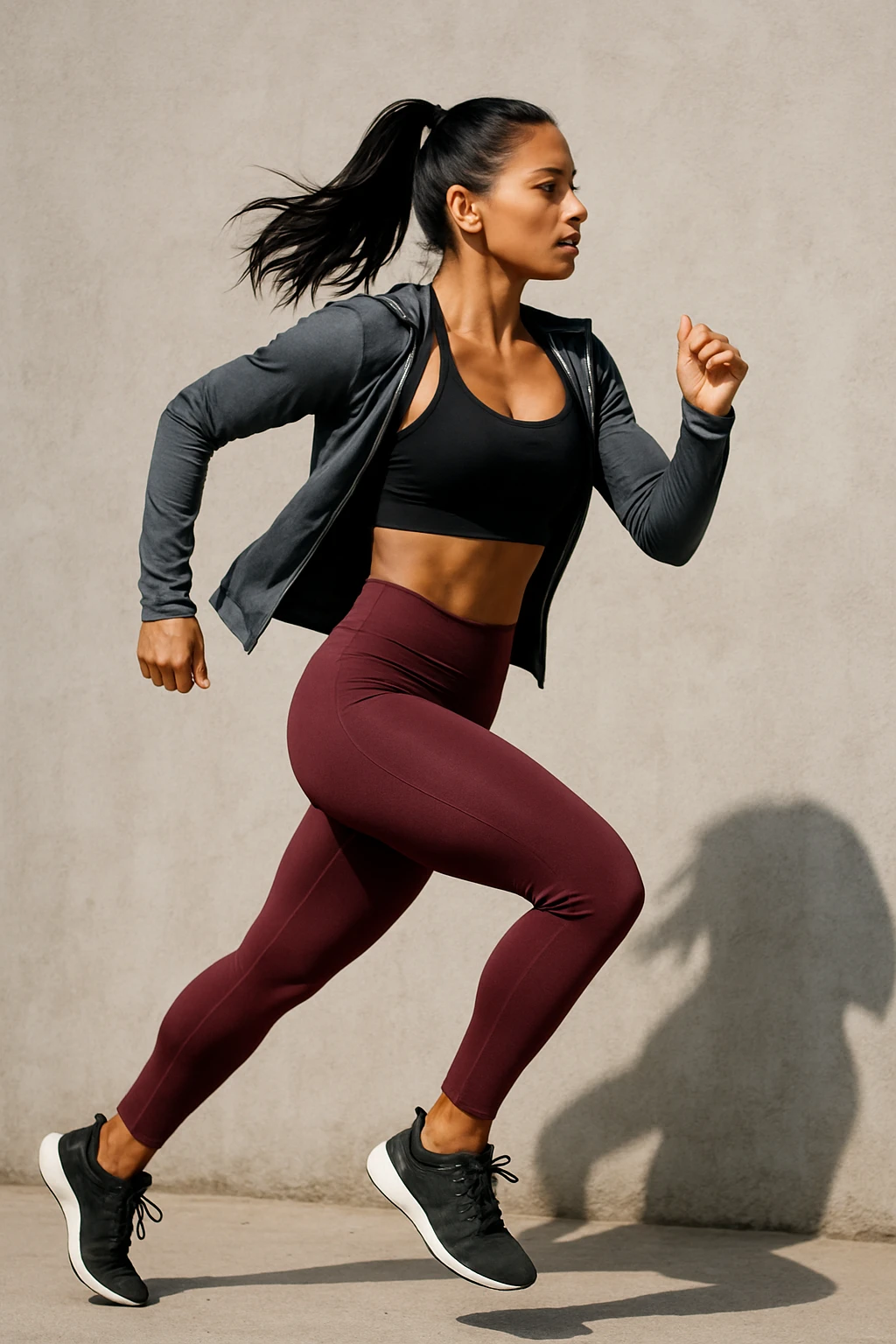 a slightly caramel tan colored woman with straight black hair in a mid-high ponytail, jogging, full body, athletic outfit, dynamic pose emoji