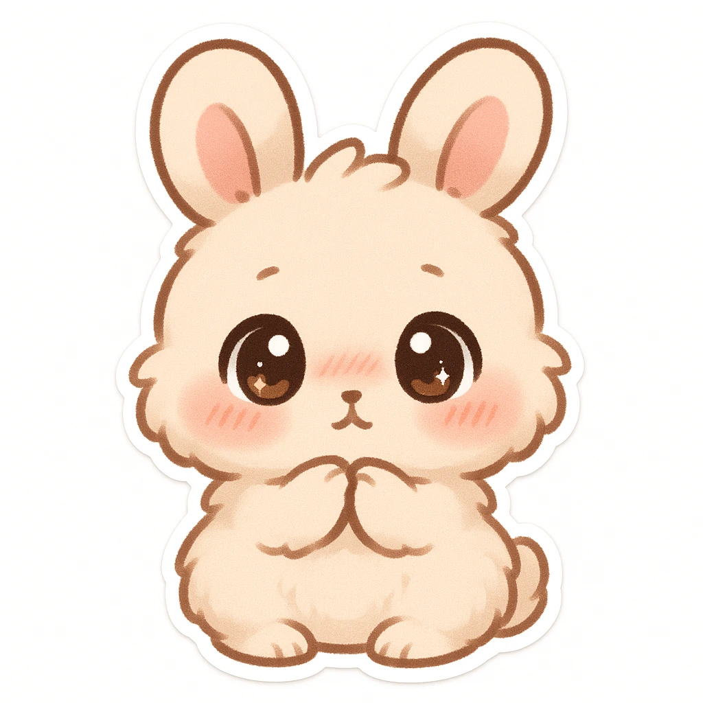 cute fluffy bunny, chibi-style, big round eyes, soft fur, pink cheeks, shy and bashful expression, shining sparkling eyes, slight blush, simple clean chibi stickers style, white background, designed for a small emote emoji