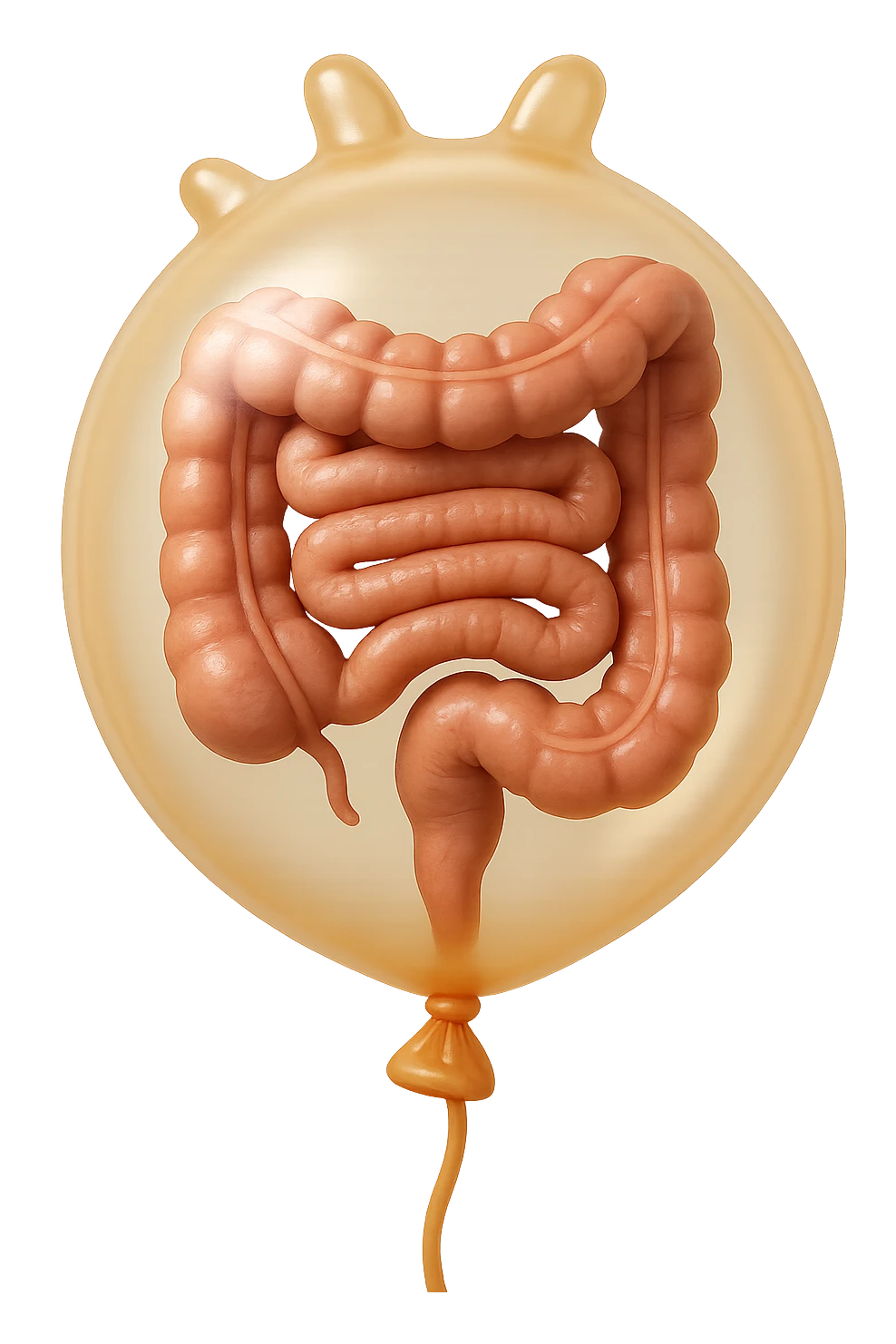 EMOJI STILE IPHONE 3D DI UN INTESTINO CHIUSO IN UN PALLONCINO CHE SIMBOLEGGIA GONFIORE, IPERREALISTICA 4K emoji
