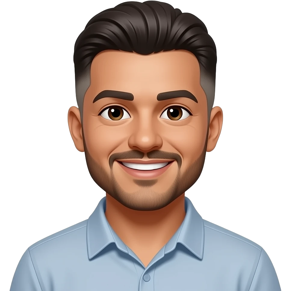 Adult, 30 years old, from Ceará, Brazilian, short faded sides, low quiff on top, clean-shaven beard, medium mustache, smiling. (don't make it so realistic) emoji