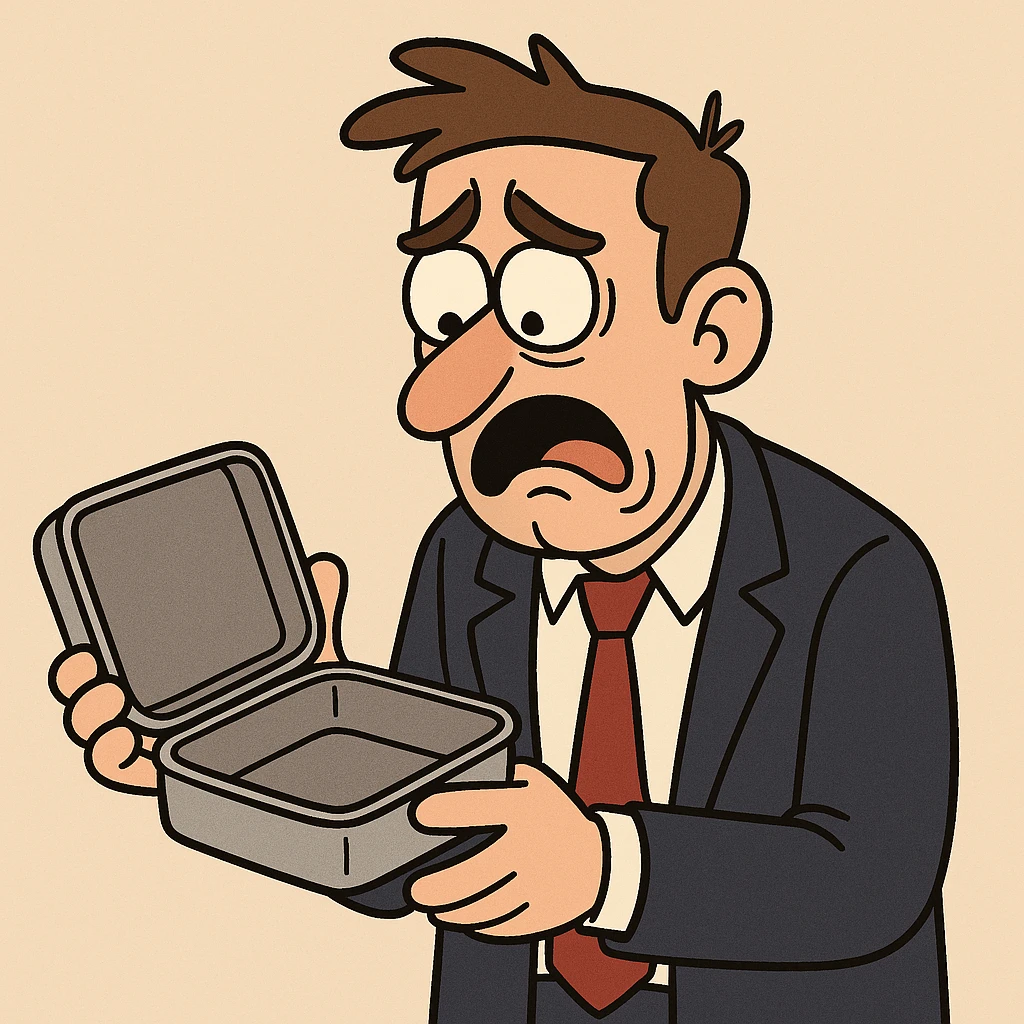 A hungry salaryman in a suit, looking at an empty lunchbox, cartoon style emoji