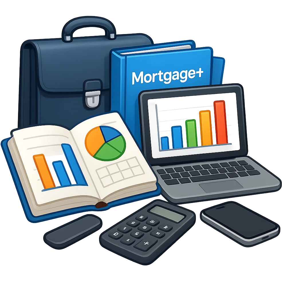 An open book with a graph and financial charts, a briefcase, a calculator, and a laptop nearby. The icon should represent the world of business, finance, and professional growth. Change the color of the folders to blue and write Mortgage+ on the folder. Change the color of the briefcase to dark blue. Style: apple emoji emoji