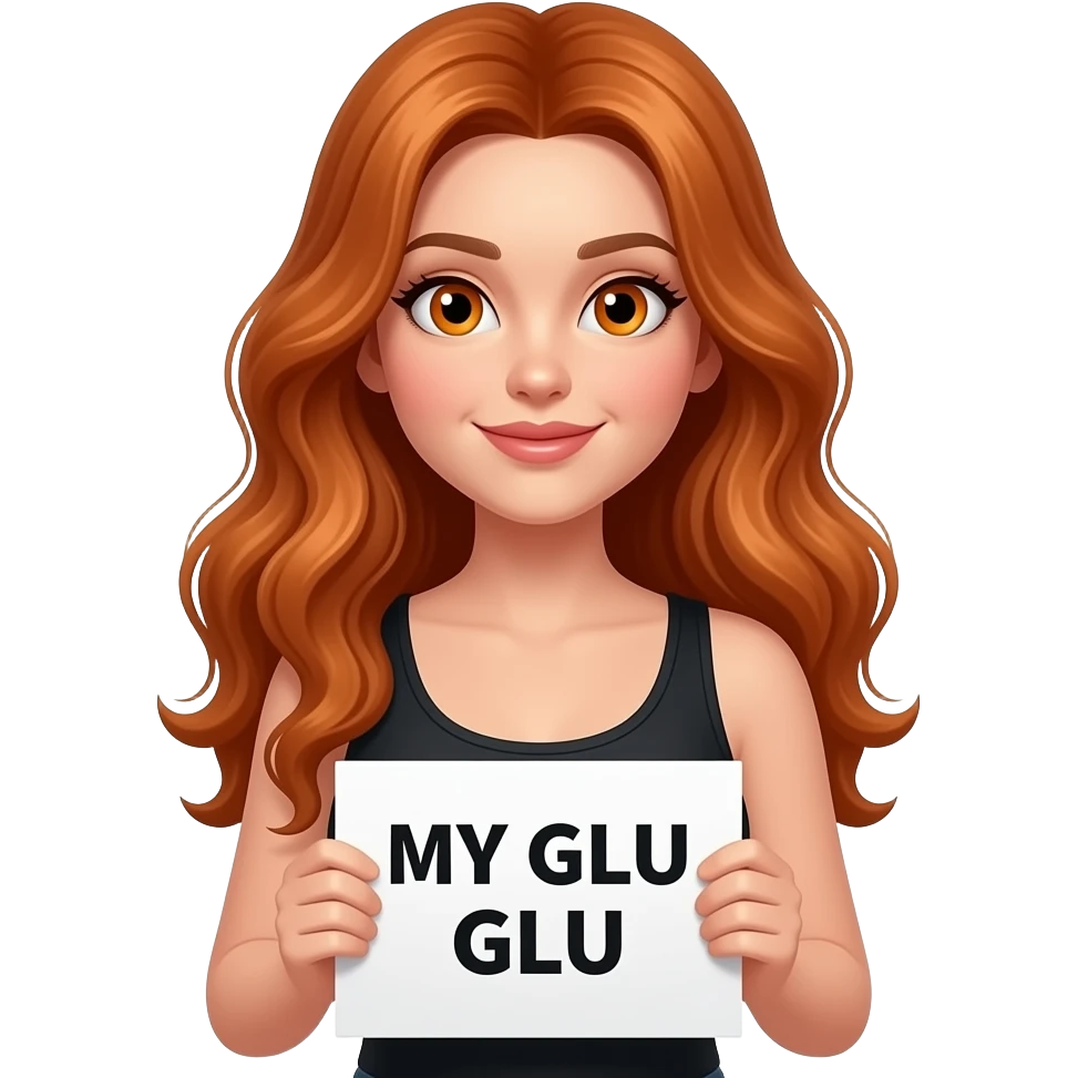 sexy girl with long wavy ginger hair and ginger eyes wearing a black tanktop is holding a white colored sign with MY GLU GLU written on it emoji