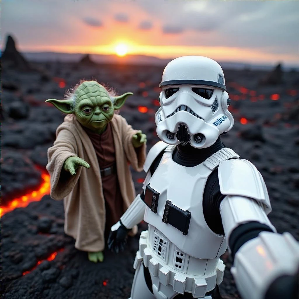 Camera POV, Starwars stormtroopers vlogging selfie, he is walking on lava planet with yoda emoji
