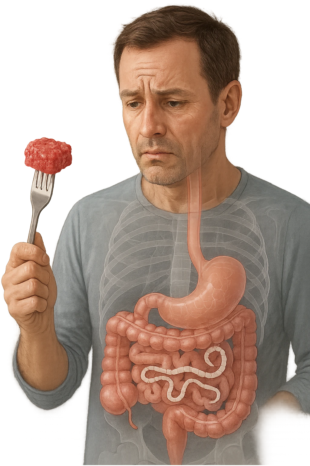 A realistic, high-quality medical illustration showing a concerned man in his early 40s holding a piece of raw beef tartare on a fork, looking at it with a worried expression. Behind him, a transparent overlay of his digestive system reveals the presence of Taenia saginata (beef tapeworm), depicted as a long, segmented white worm inside his intestines, symbolizing the infection. The environment is a kitchen with bright but neutral lighting, creating a serious educational tone. Subtle anatomical highlights and clean medical graphics convey the concept of parasite transmission through undercooked beef, emphasizing food safety and health awareness. emoji