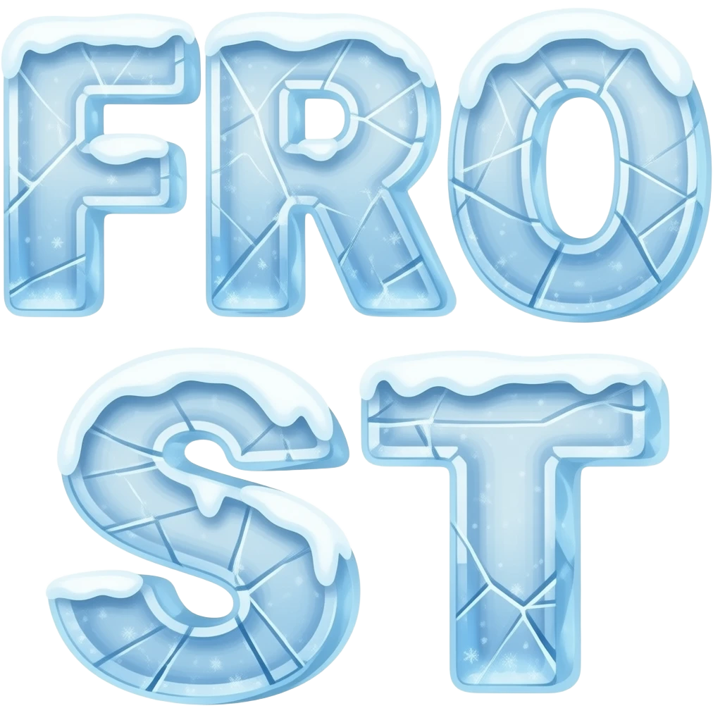 The text 'FROST' sculpted out of jagged, translucent blue ice with internal crystalline fractures. A faint blizzard aura and sparkling snow dust emanate from the letters. emoji