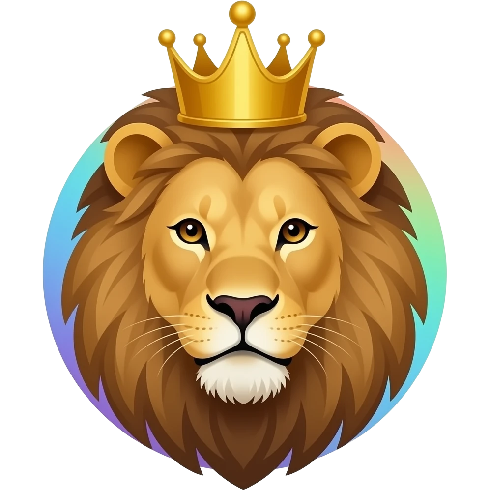 Cara de un leon no animado  con una corona y el fondo tornasol emoji
