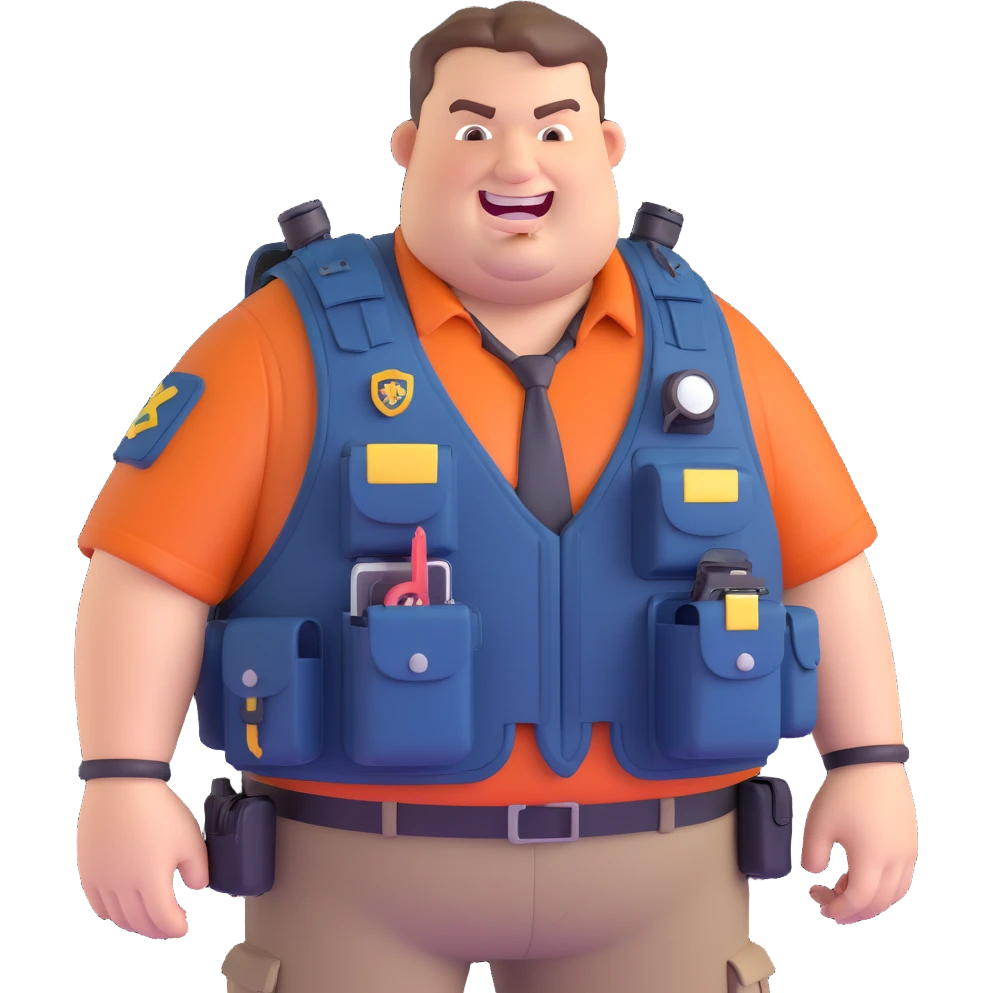 big overweight federal agent with prominent buck teeth wearing tactical vest loaded with gadgets looking like a redneck 3D cartoon style emoji