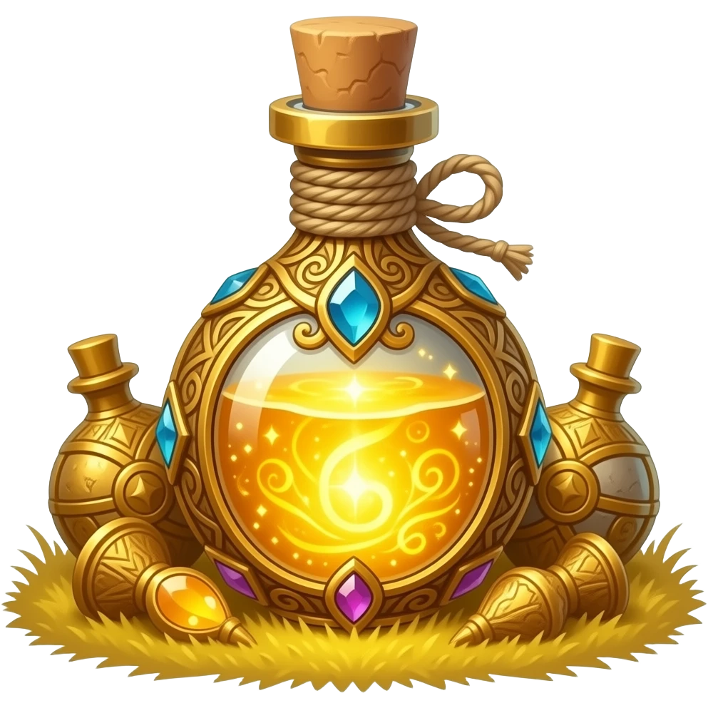 a luminescent eleshynya vial, forged in ornate golden filigree, gemstones catching soft magical light, filled with swirling radiant gold essence, sealed with twine, resting among ancient gilded relics on a shimmering golden field, mystical luxury atmosphere emoji