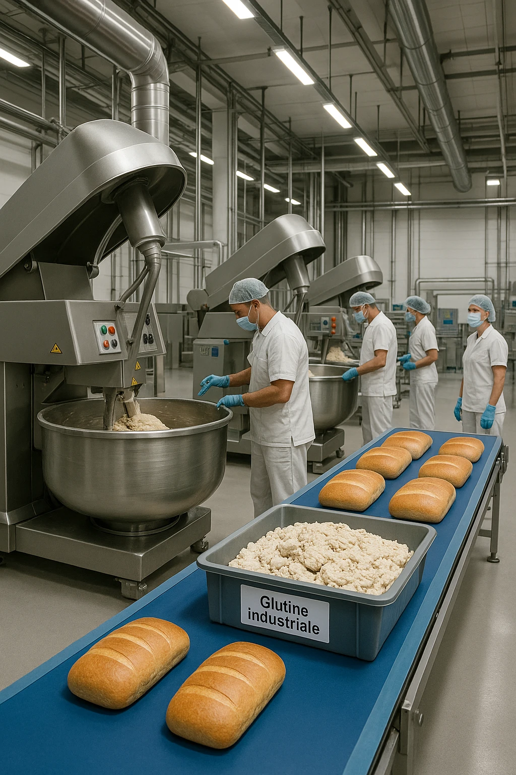 a modern food processing factory interior, with large stainless steel machines mixing and kneading dough. In the foreground, a conveyor belt carries loaves of bread and trays of raw gluten, labeled “Glutine industriale” Workers in uniforms and hairnets monitor the process. The atmosphere is clean, efficient, and slightly clinical. emoji