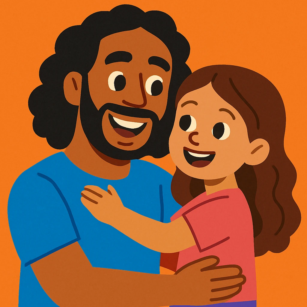 A dad with brown skin and shoulder length curly black hair, next to a young girl with light brown skin and long brown wavy hair, both smiling, friendly and warm style emoji