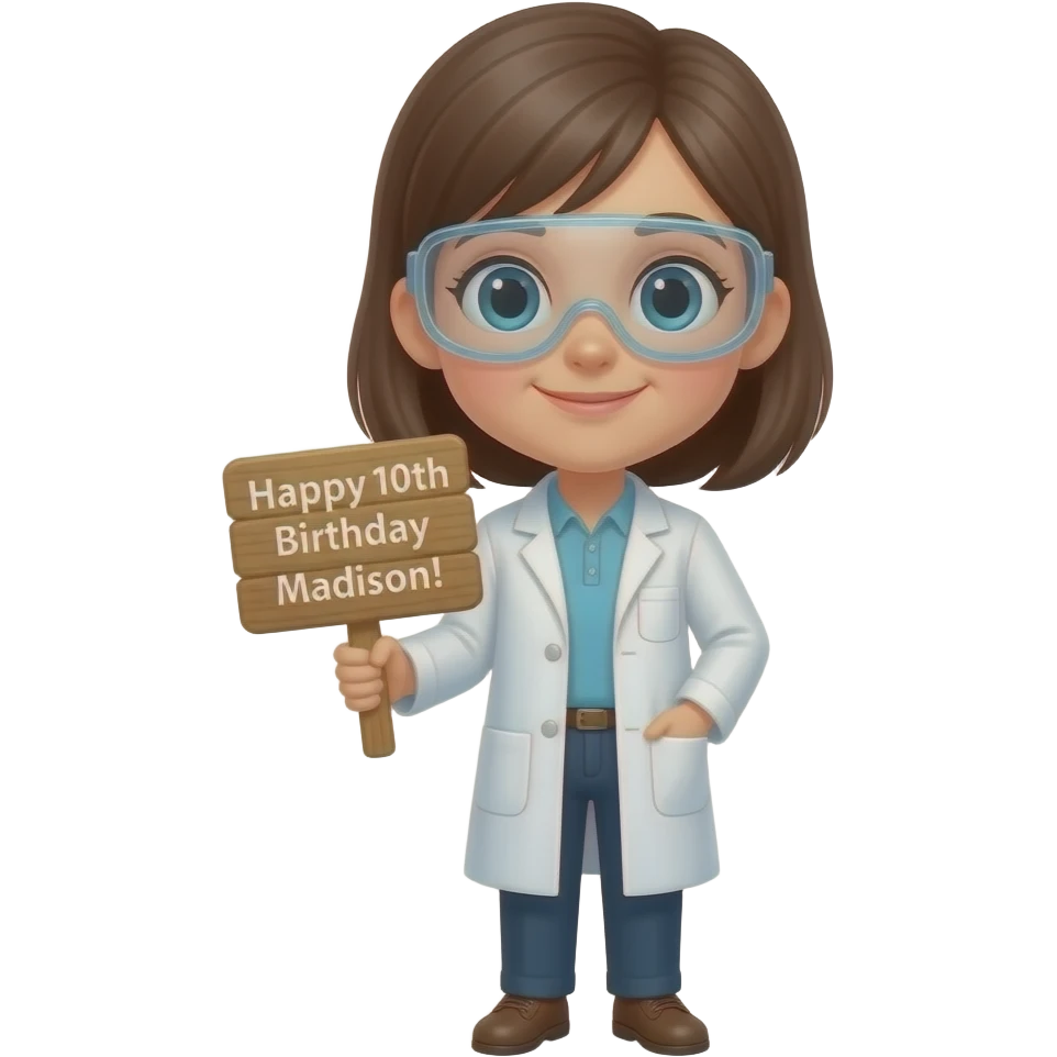 WHOLE BODY SMALL HEAD GIRL SCIENTIST HOLDING SIGN THAT SAYS HAPPY 10TH bIRTHDAY MADISON! emoji