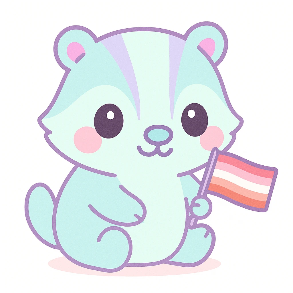 kawaii badger holding a small lesbian pride flag, blushing cheeks, white background emoji