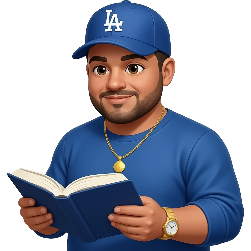 Chubby man with sand skin tone and lightly shaved black beard wearing a blue Los Angeles Dodgers logo baseball cap wearing a long sleeve blue shirt wearing a gold tennis necklace and a gold wrist watch reading the Bible emoji