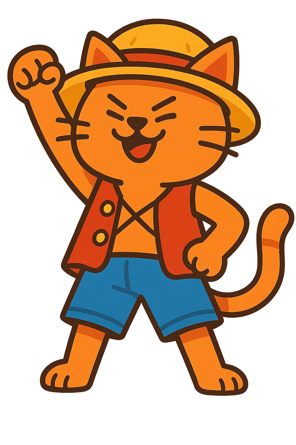 cat as Luffy from One Piece, standing heroically, straw hat, blue shorts, cartoon style, no background emoji