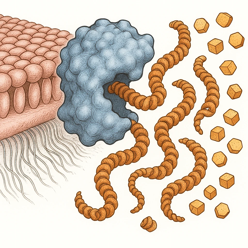 Ultra-detailed illustration of enzyme digestion: amylase breaking starch into sugars near a cell membrane. Clean white background, no text. Scientific but simple emoji