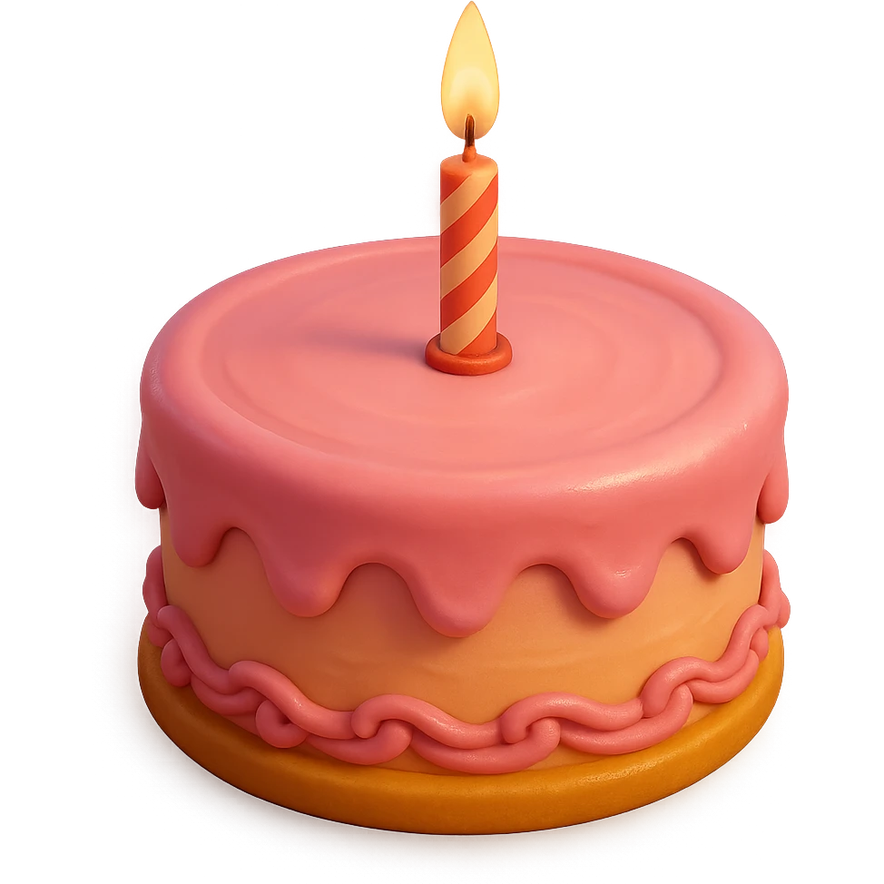 Draw a Pixar-style birthday cake with pink frosting and a single candle. The cake should be visible from the front and top. emoji