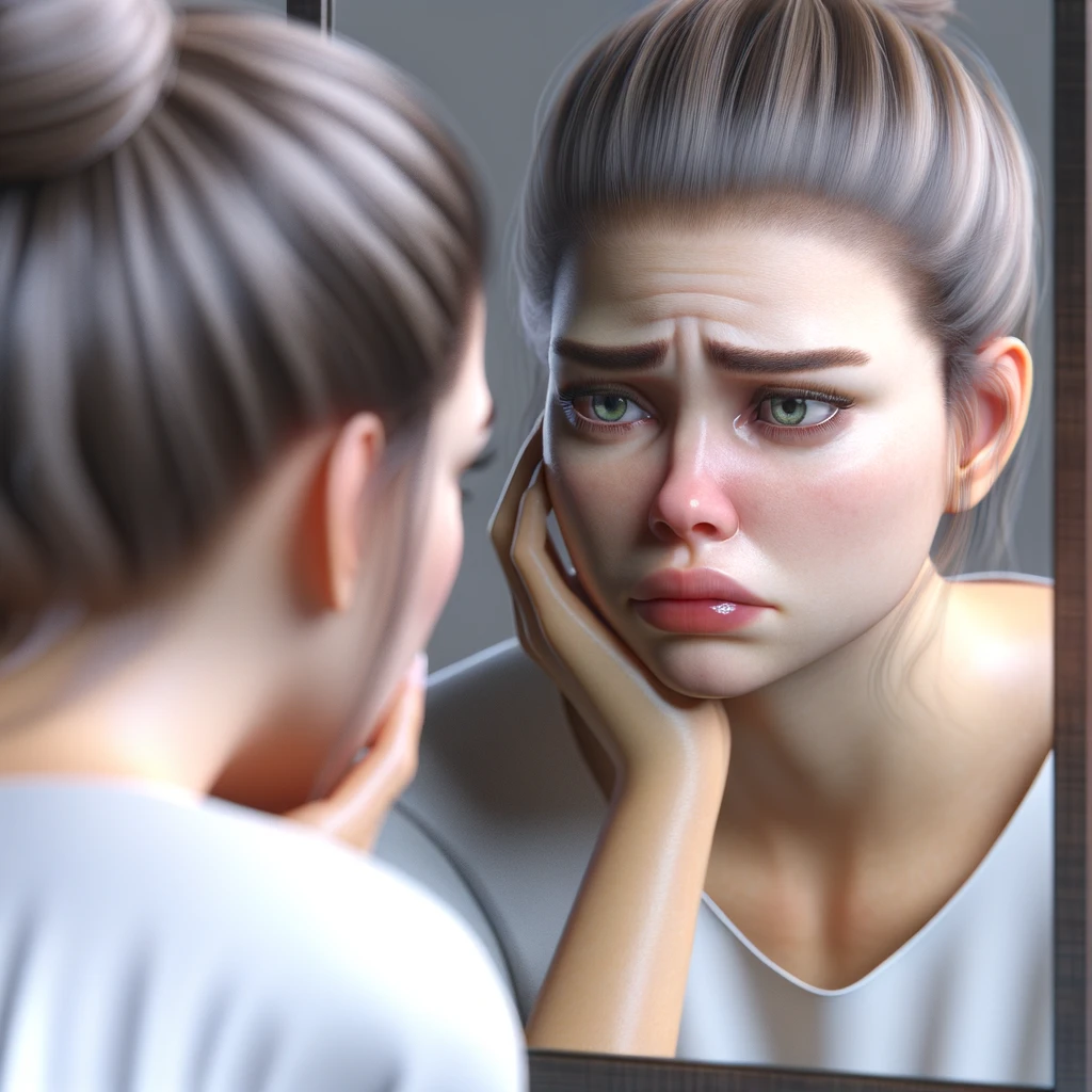 DONNA CHE SI GUARDA ALLO SPECCHIO CON ESPRESSIONE DUBBIOSA IN VOLTO, iperrealistico 4k emoji