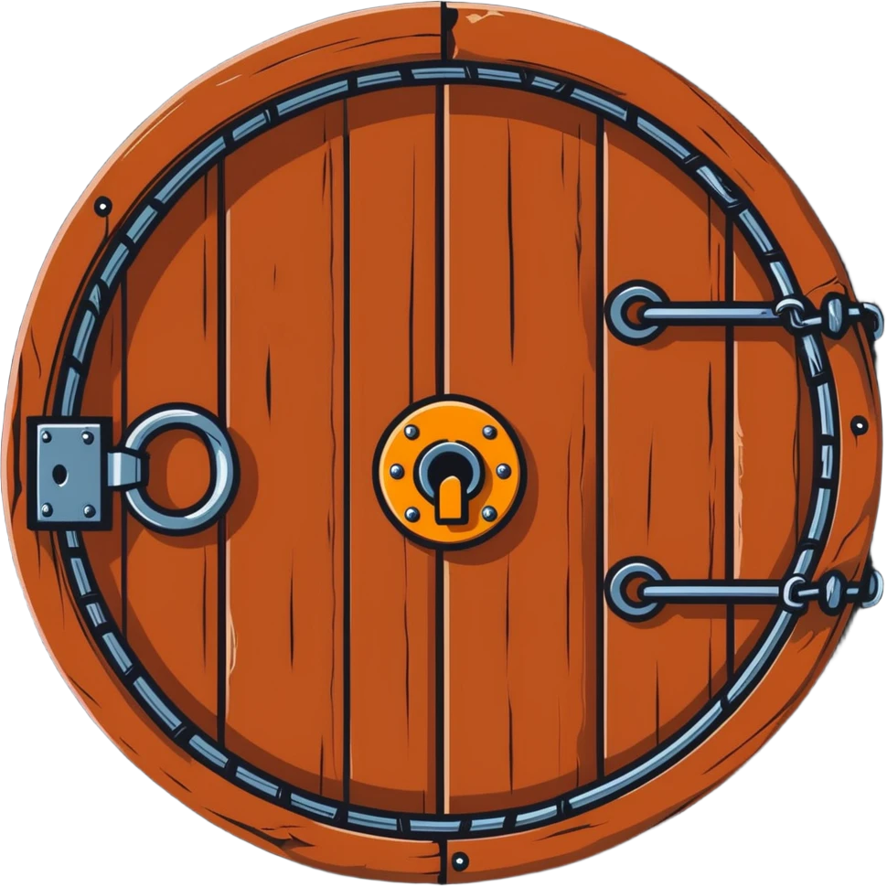 A rusty chain wrapped tightly around a round wooden hobbit-style door with a large padlock emoji
