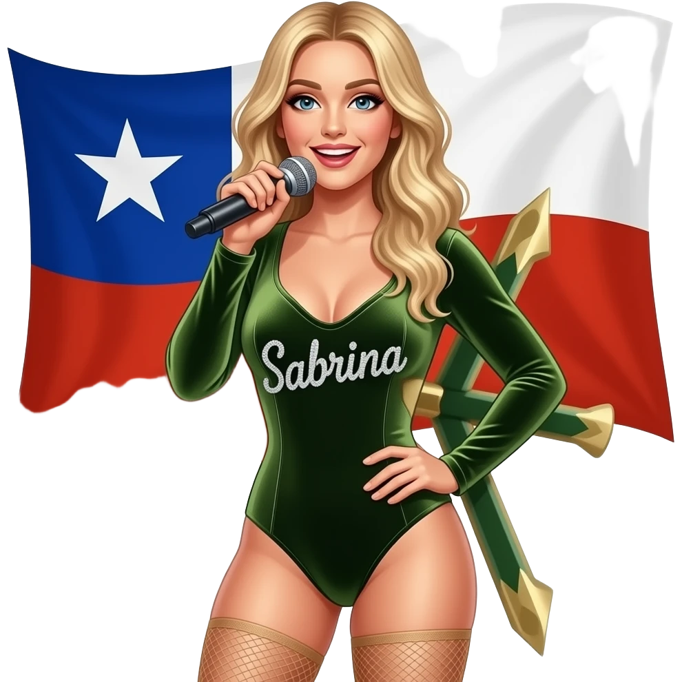 Sabrina carpenter blonde hair performing in an olive green velvet bodysuit that has Sabrina written on it in sparkly rhinestones with Chile’s flag in the background emoji