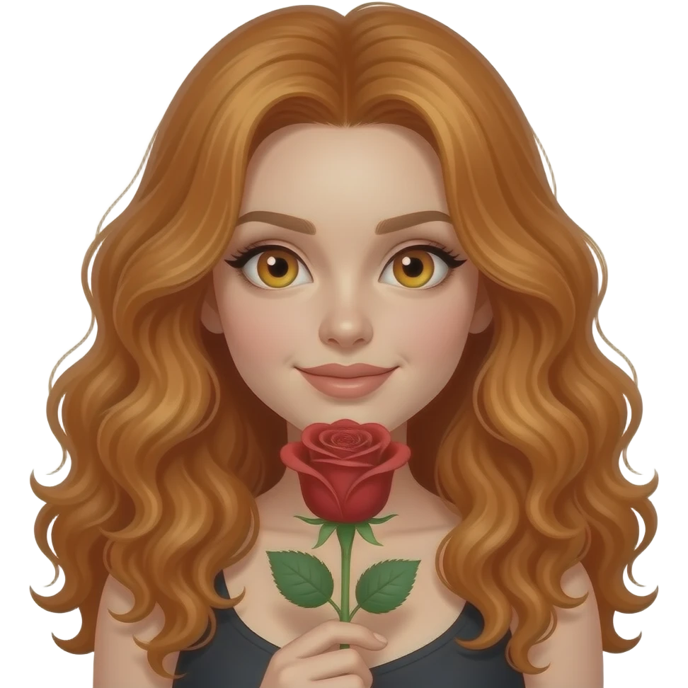 sexy girl with long curly ginger hair and ginger eyes offers a rose emoji