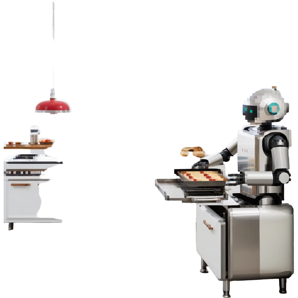 A robotic baker with stainless steel limbs, built-in mixers, and a retro-futuristic oven. The environment is industrial-chic: brushed metal surfaces, LED panels, and mechanical arms. UI mimics control panels with toggle switches, rivets, and analog dials. emoji