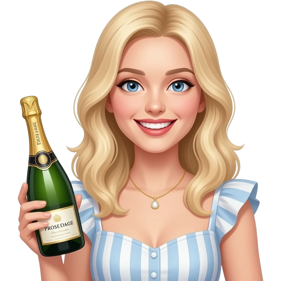 Very crazy but happy girl, likes prosecco, Thin blond hair, botox in face, blond, white skin, nice dress emoji