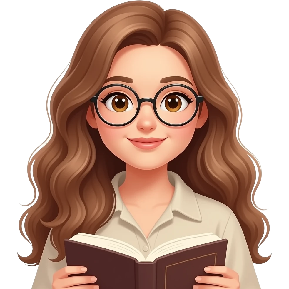 detailed emoji illustration of a curvy woman with long light brown wavy hair, light brown eyes and round glasses reading a book, peaceful expression, cozy atmosphere, cute emoji style emoji