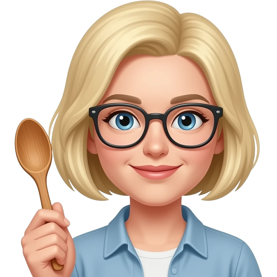 blonde woman, glasses, wooden spoon, boyish haircut, very short cropped hair emoji