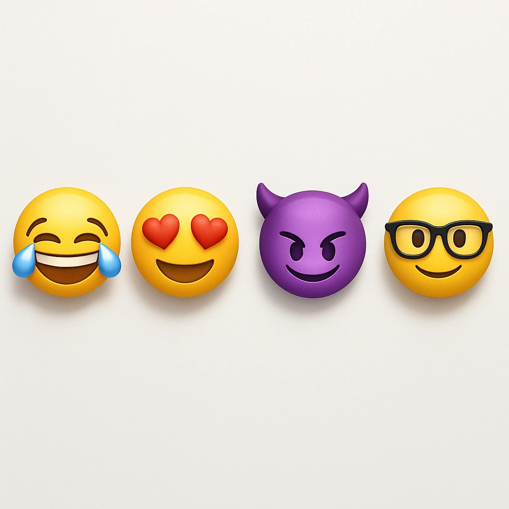 make four emojis on white background with good amount of shadow, four emojis of smiley's only. one laughing, second heart eyes, third purple devil and four black glasses emojis  emoji