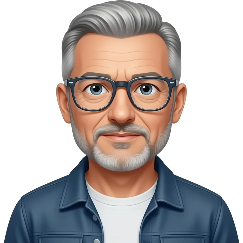 metal-framed glasses very entellectual man, 65 years old, street wear stubble, shaved short with clippers emoji