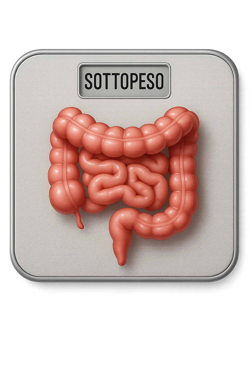 bilancia pesapersone con la scritta "SOTTOPESO" SUL DISPLAY, INTESTINO UMANO SULLA BILANCIA, stile emoji iphone, iperrealistico 4k emoji