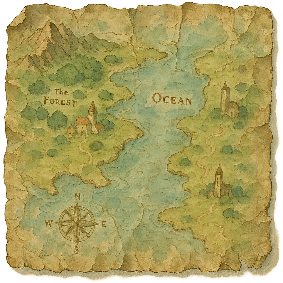 realistic crinkled and water damaged map, natural colors, soft, fairy-like atmosphere, no background, square size emoji