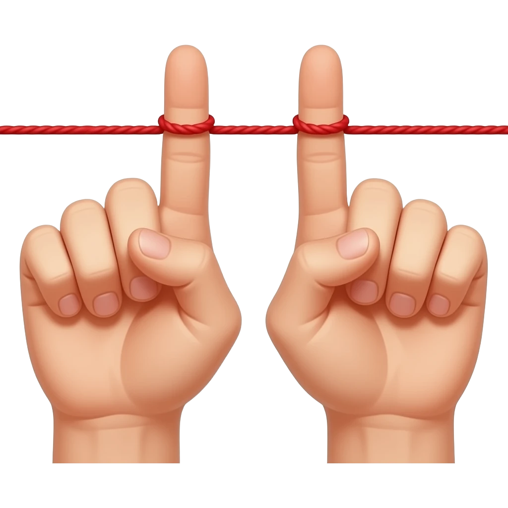 Two different person holding  a red string  with its finger symbolising love no face only finger emoji
