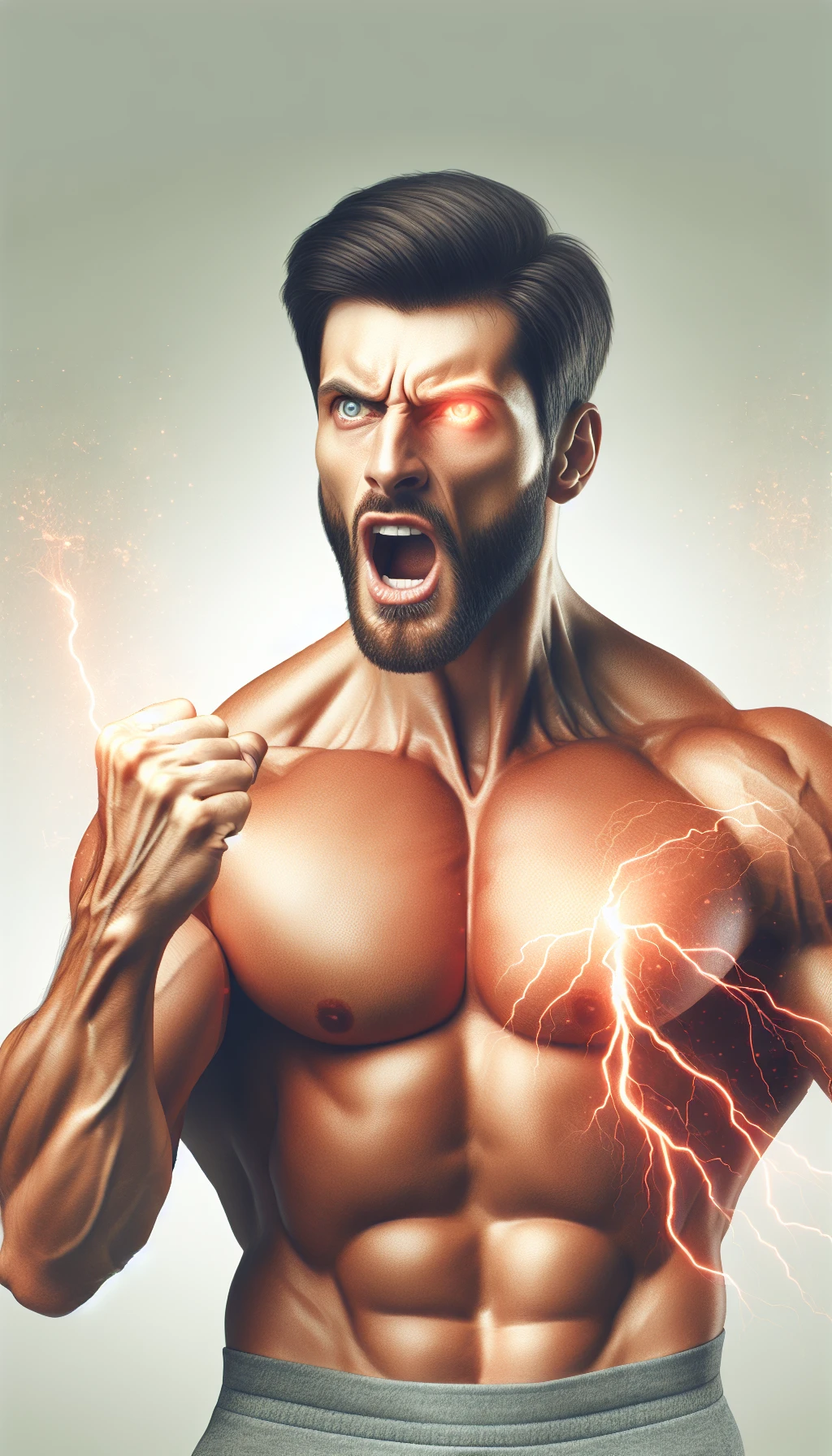 un uomo forte e in salute che esprime potere grazie al suo testosterone, con sfondo chiaro neutro, iperrealistico 4k emoji