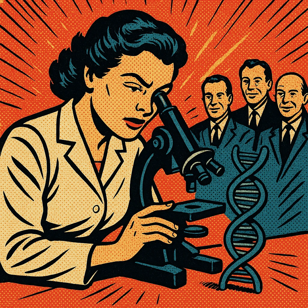 A 1950s female scientist making a DNA discovery using a microscope with other male scientists watching emoji