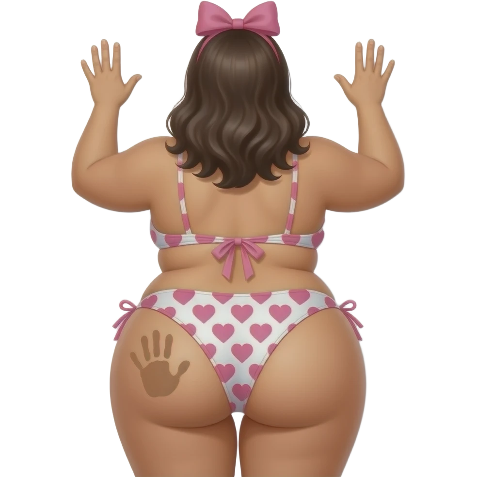 A tanned really extremely fat heart shaped pink and white big booty latina showing back its bikini and big thighs and buttocks while putting her hands behind the wall and she has a skin colored hand print on her left buttocks and she with a pink bow tie on her head emoji